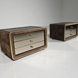 Pair of brass and suede bedside tables by RUF International, 1970.