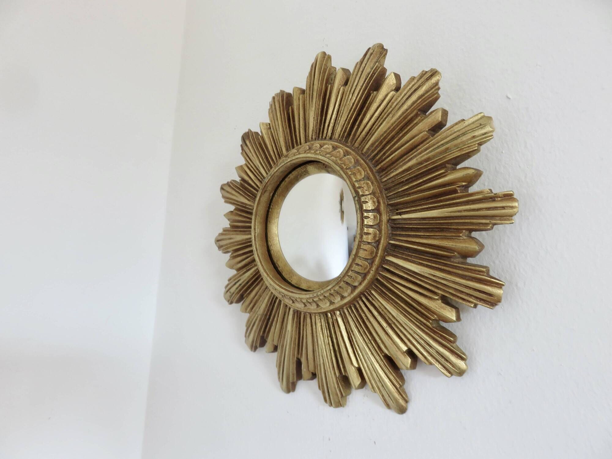 Old small golden sun mirror, witch's eye, curved, 60s-70s.