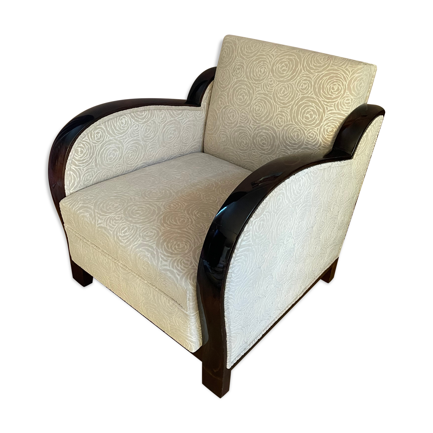 Art-deco convertible armchair in tinted beech and ivory-colored cotton velvet fabric