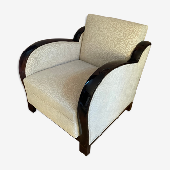 Art-deco convertible armchair in tinted beech and ivory-colored cotton velvet fabric