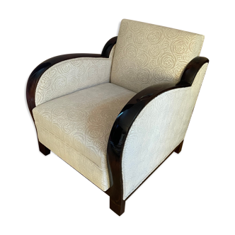 Art-deco convertible armchair in tinted beech and ivory-colored cotton velvet fabric