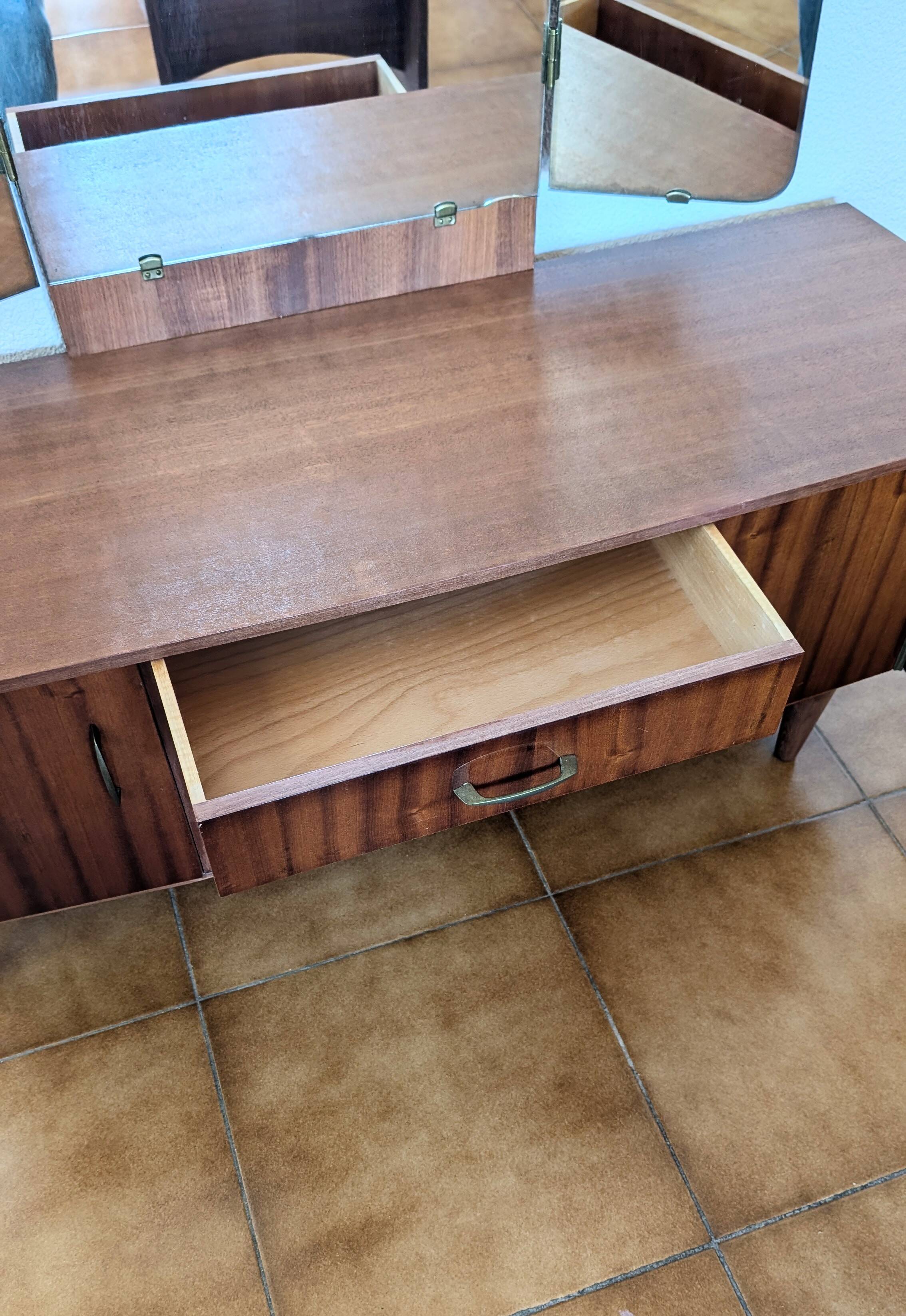 Vintage 70s dressing table with triptych mirror and matching bench.