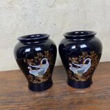 Set of 2 black Italian ceramic vases with swan pattern
