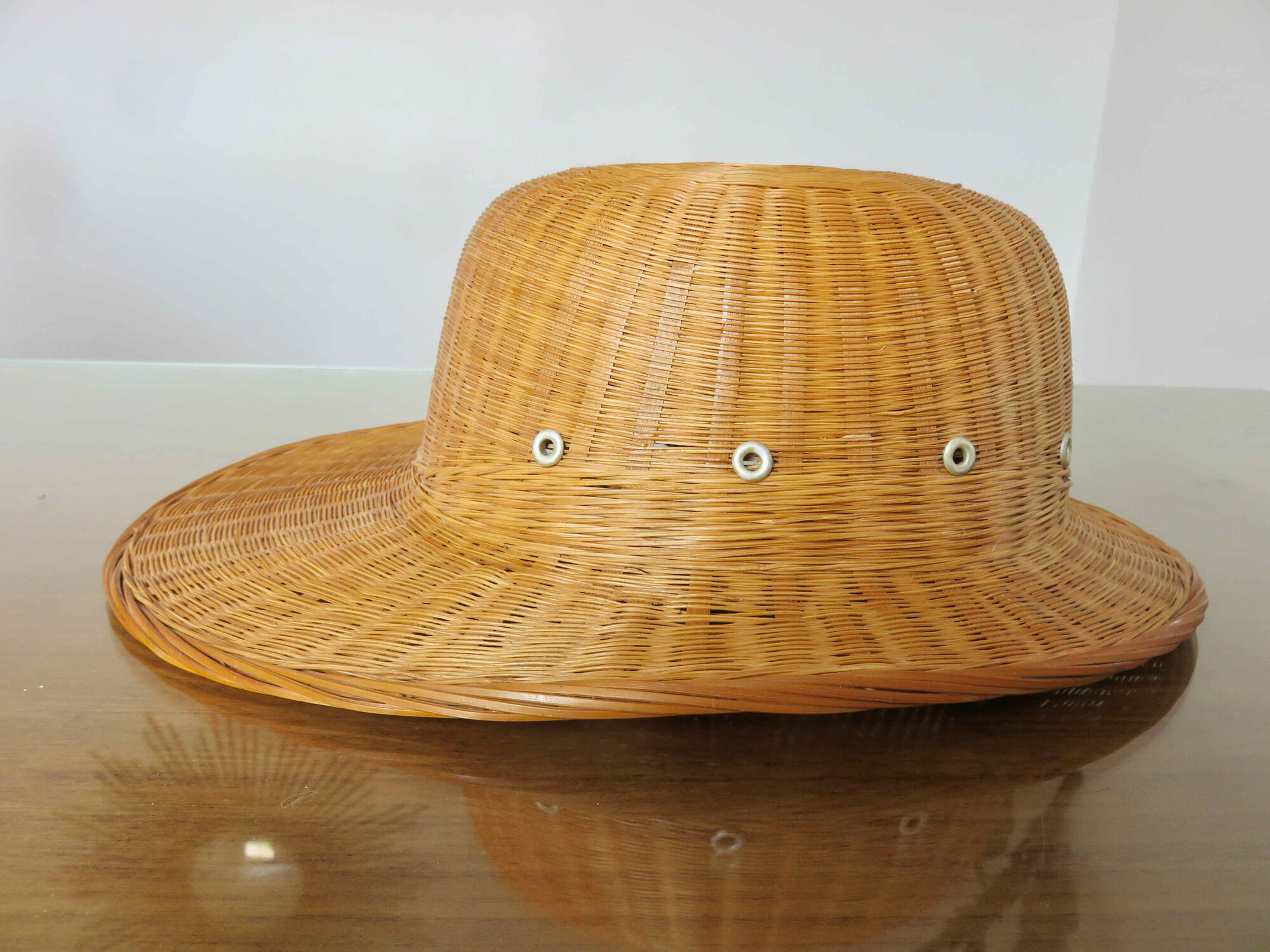 Hat, colonial rattan helmet, wicker 70s