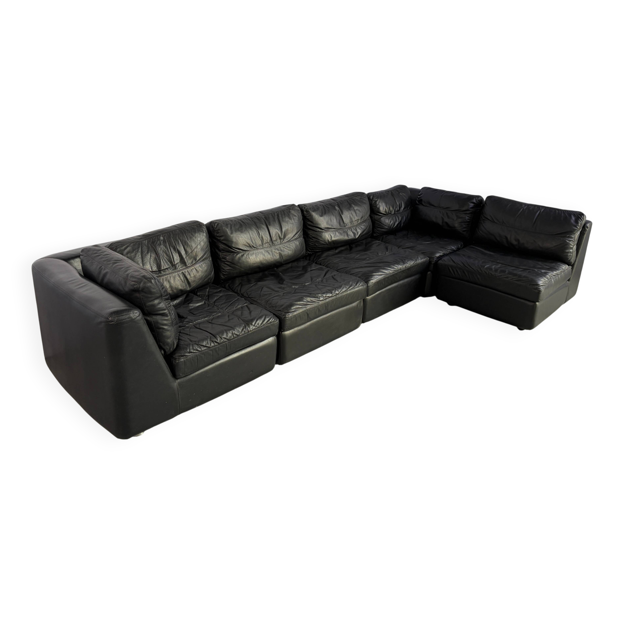 Vintage black leather modular sofa, 1970s