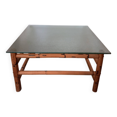 Table basse en bambou vintage avec plateau en verre, années 1970, Brésil