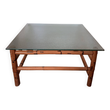 Table basse en bambou vintage avec plateau en verre, années 1970, Brésil
