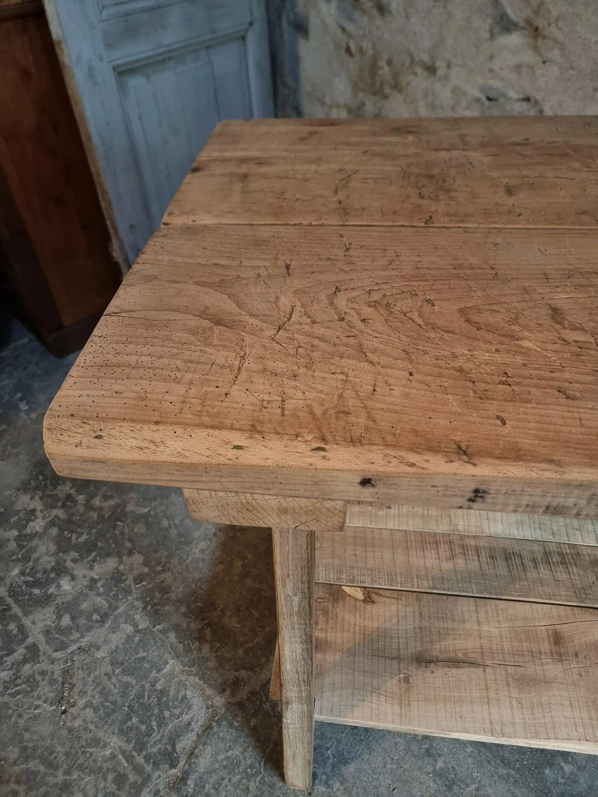 Old French work table / kitchen island / console, beech and chestnut, circa 1930–1950
