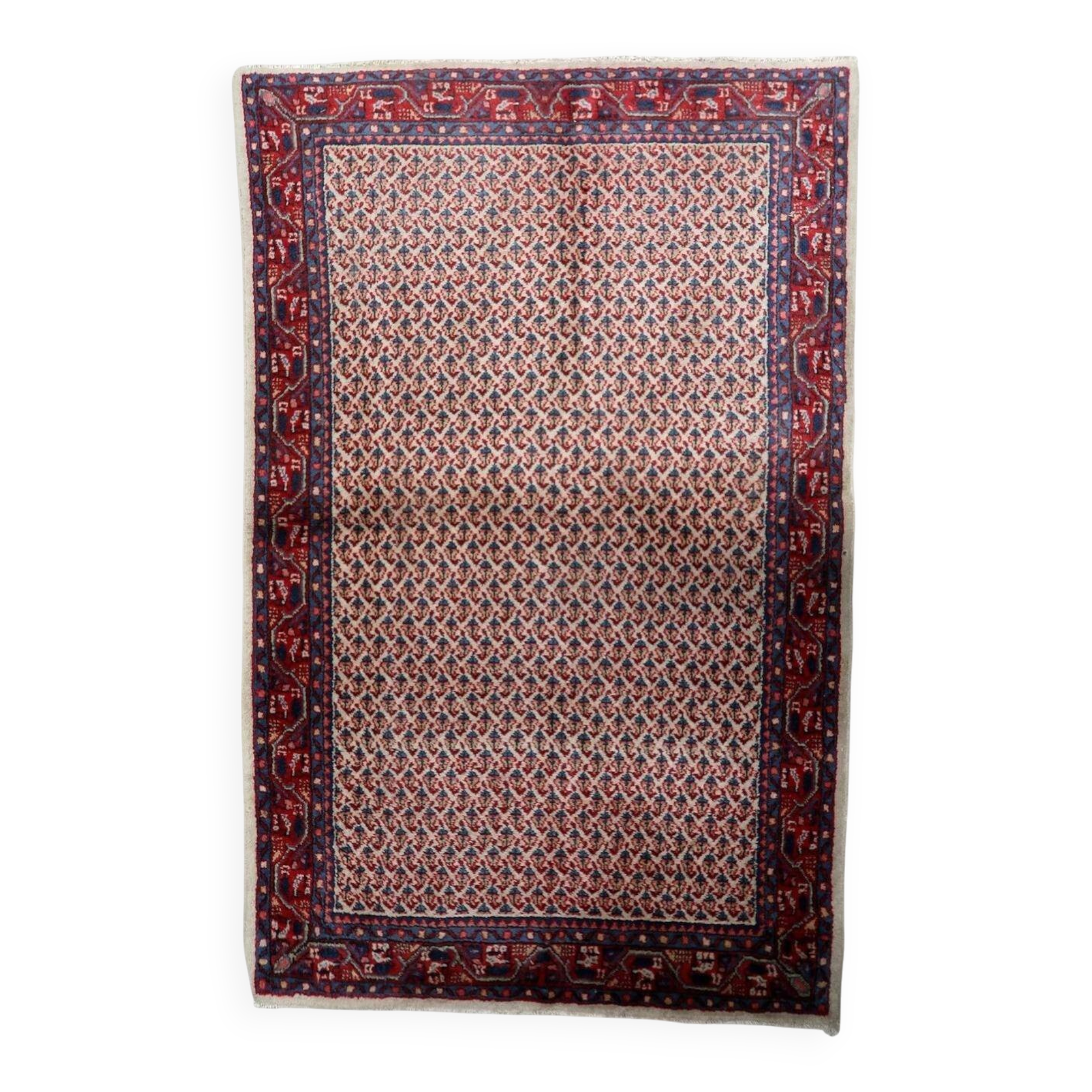 1950s Handmade Indian Wool Rug, Ivory and Red, 3 × 5 ft - 1C1291