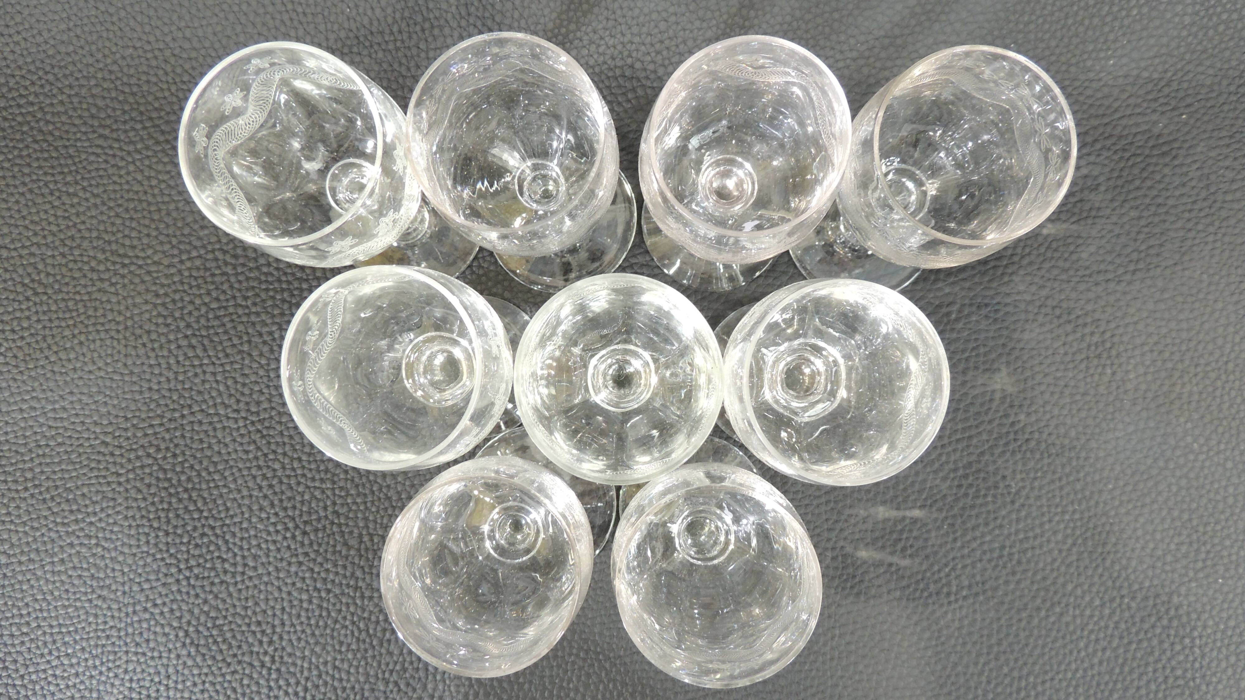 Set of nine engraved crystal liquor glasses, emma model. early 20th century/vintage/thouvenin vierzon