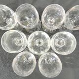 Set of nine engraved crystal liquor glasses, emma model. early 20th century/vintage/thouvenin vierzon