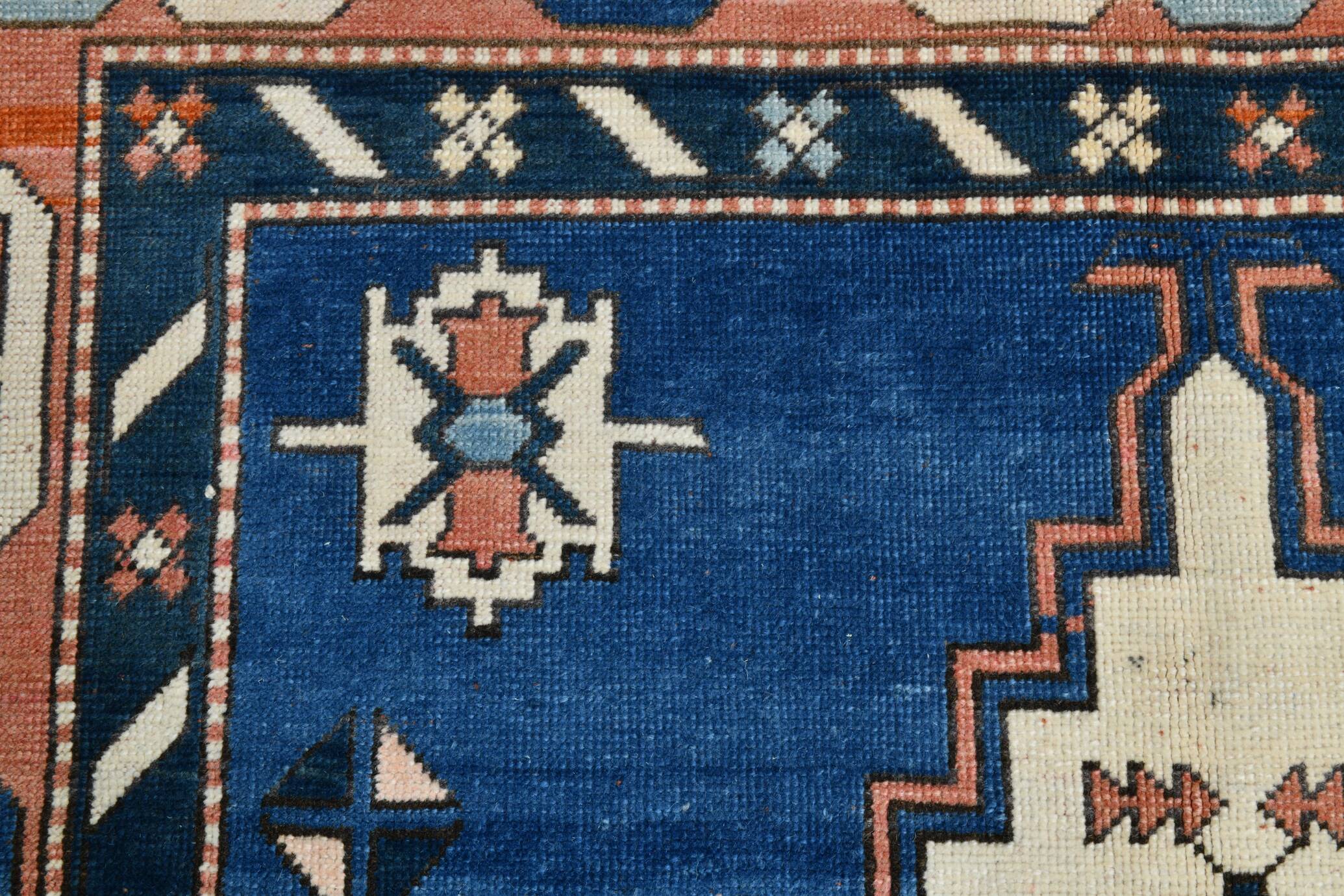 Tapis Vintage Géométrique Bleu et Rose Fait Main – Style Oriental,128x265Cm