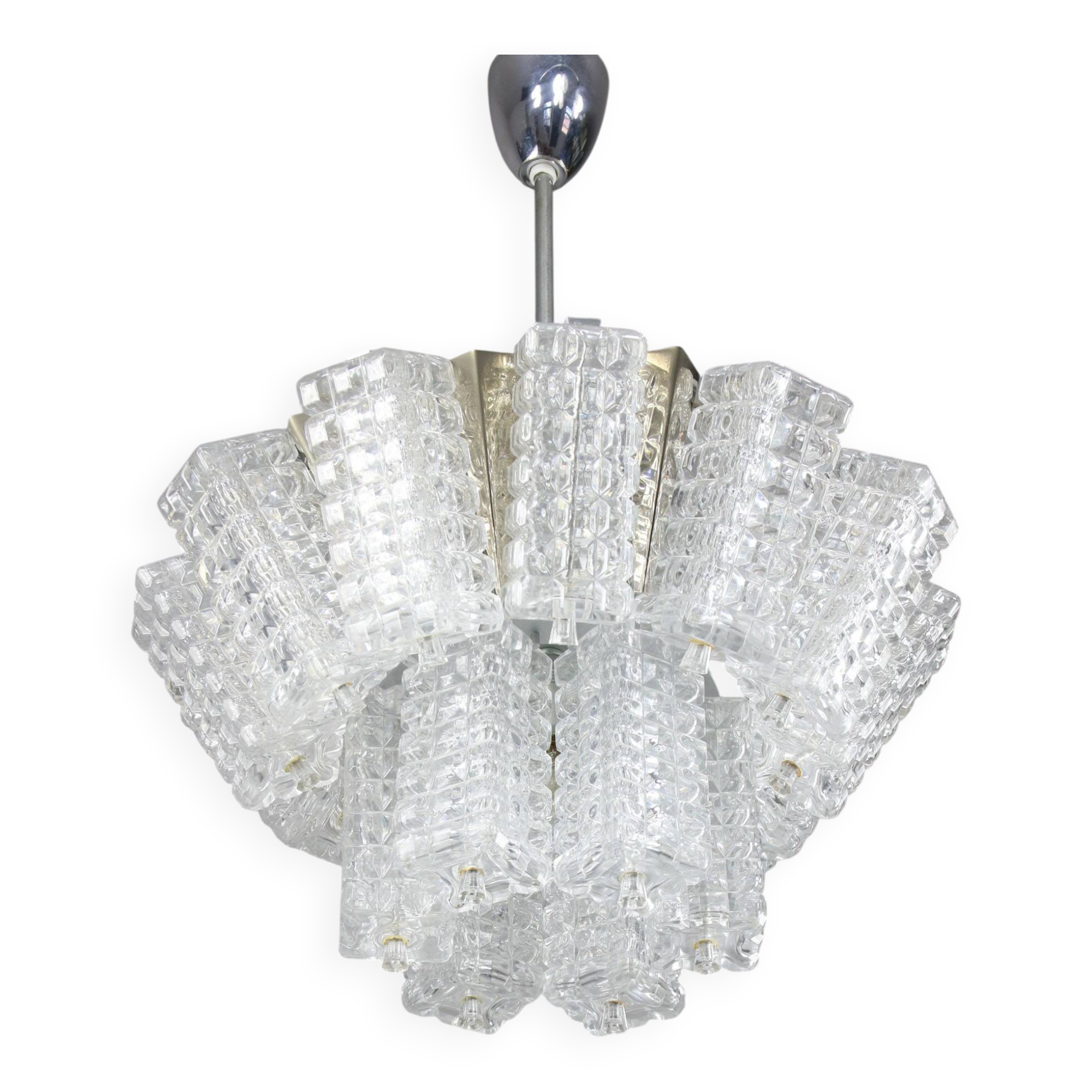 Vintage Austrolux Glass Chandelier: Mid-Century Chrome Pendant Light