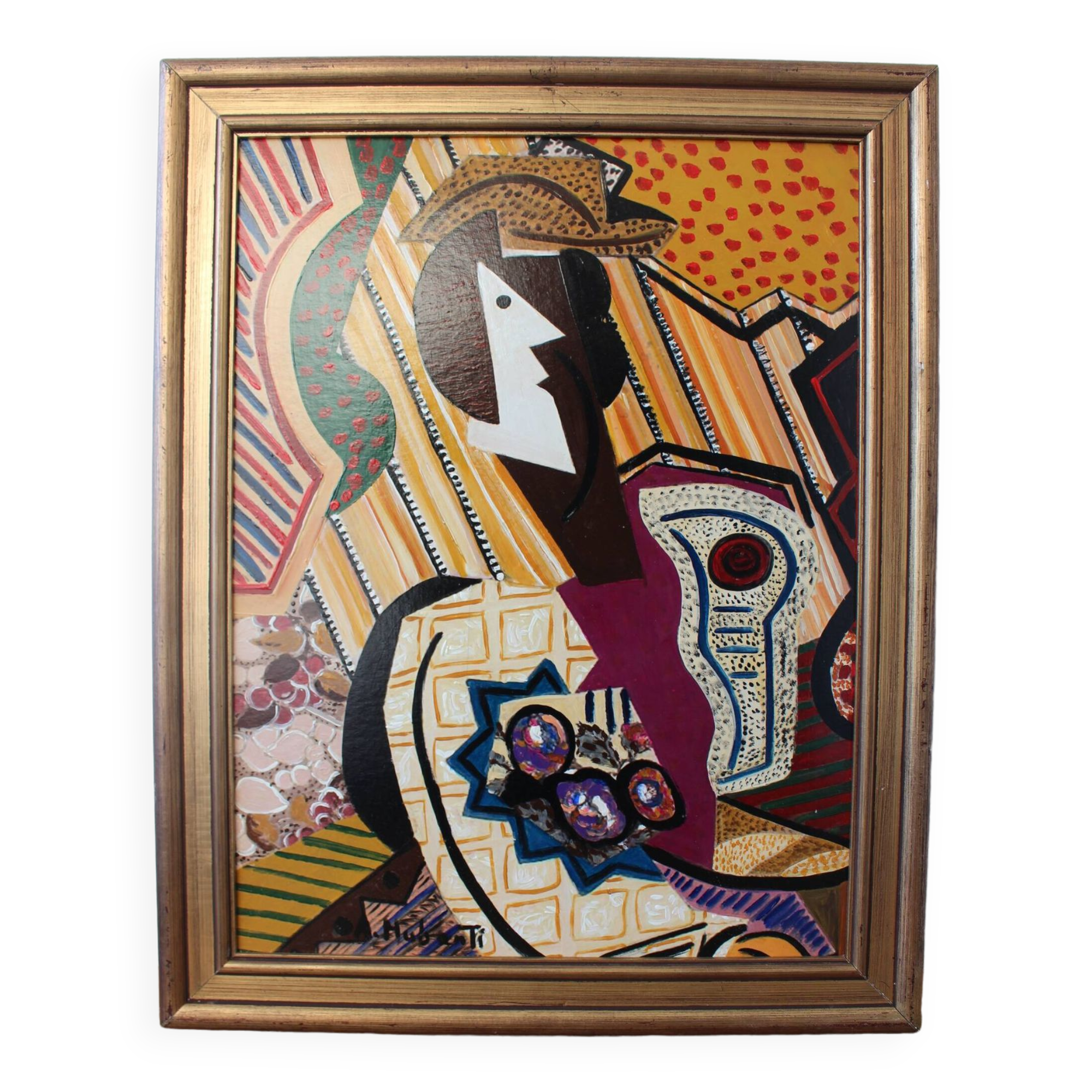 1960s Vintage Cubist Painting of Abstract Figures Composition Modernist, Framed