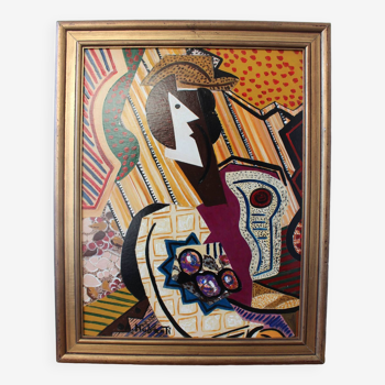Peinture cubiste vintage des années 1960 de figures abstraites Composition moderniste, encadrée