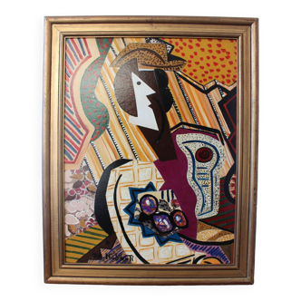 1960s Vintage Cubist Painting of Abstract Figures Composition Modernist, Framed