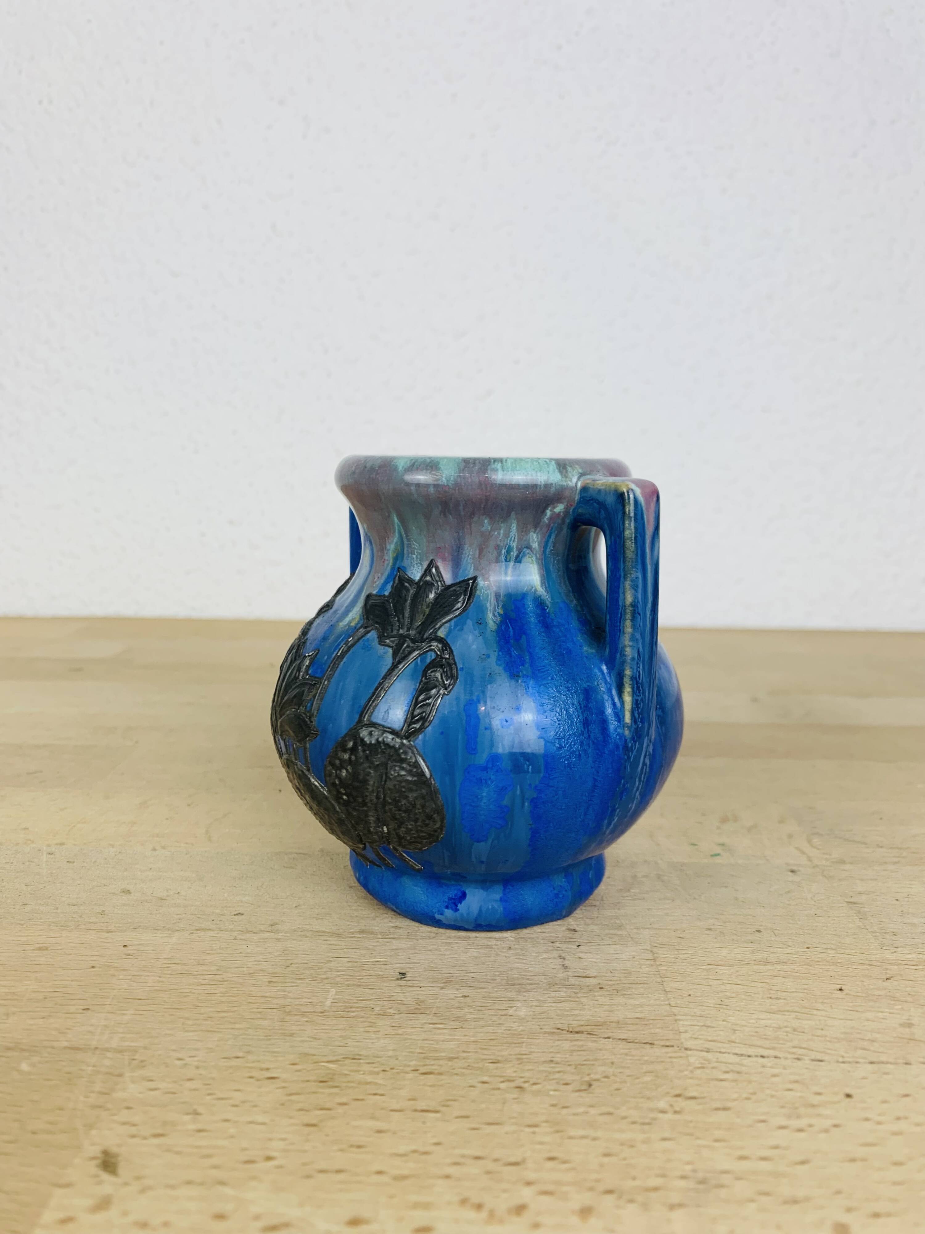 Pierrefonds stoneware art deco vase, tin floral decoration