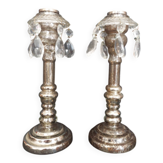 Pair of 19th century glass églomisé mercury glass candlesticks