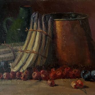 Tableau HST "Still Life with Asparagus and Cauldron" 19th century signed