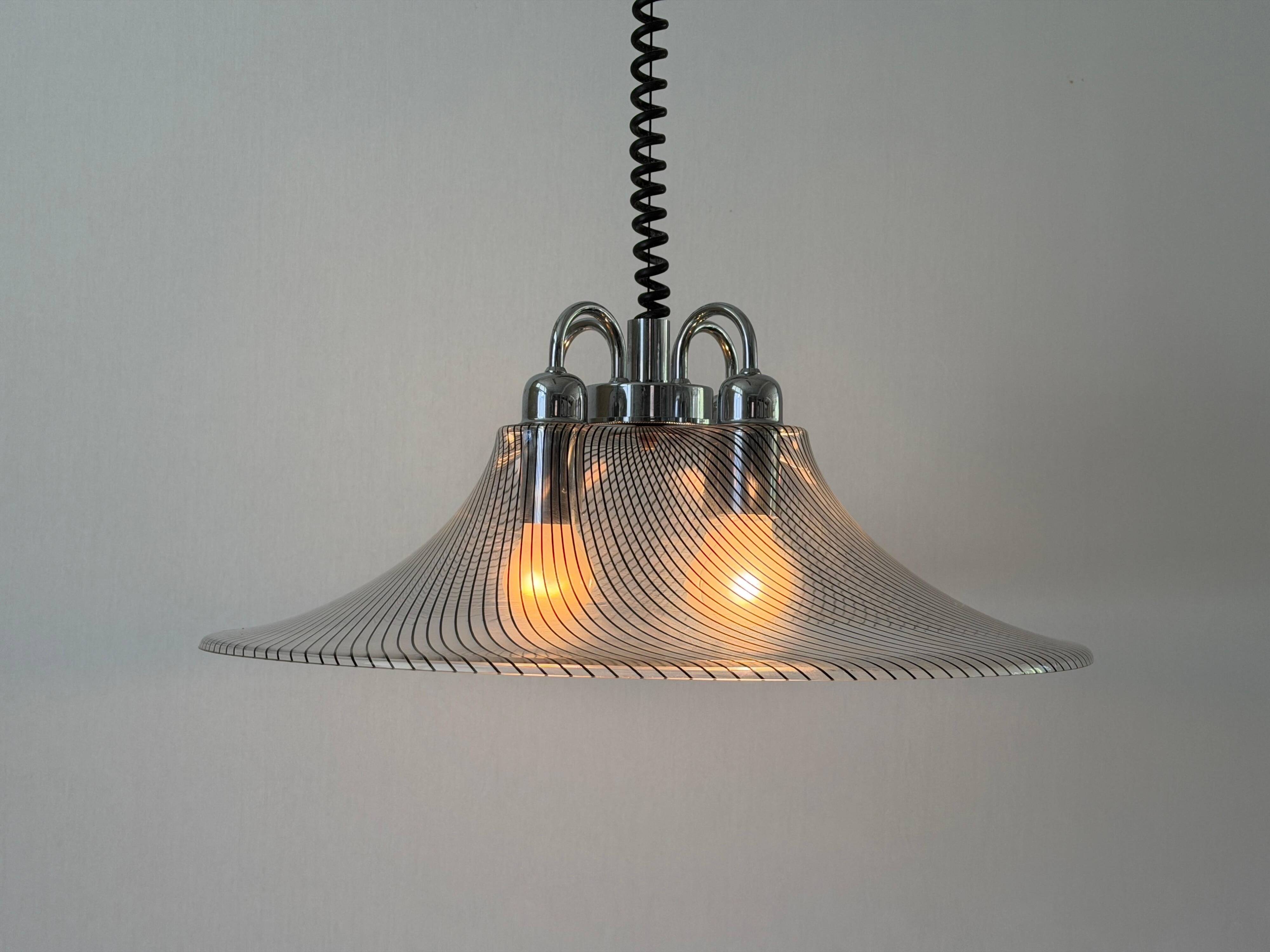 Suspended lamp with 4 sockets, chrome body and plexiglass shade, 1970s, Germany.