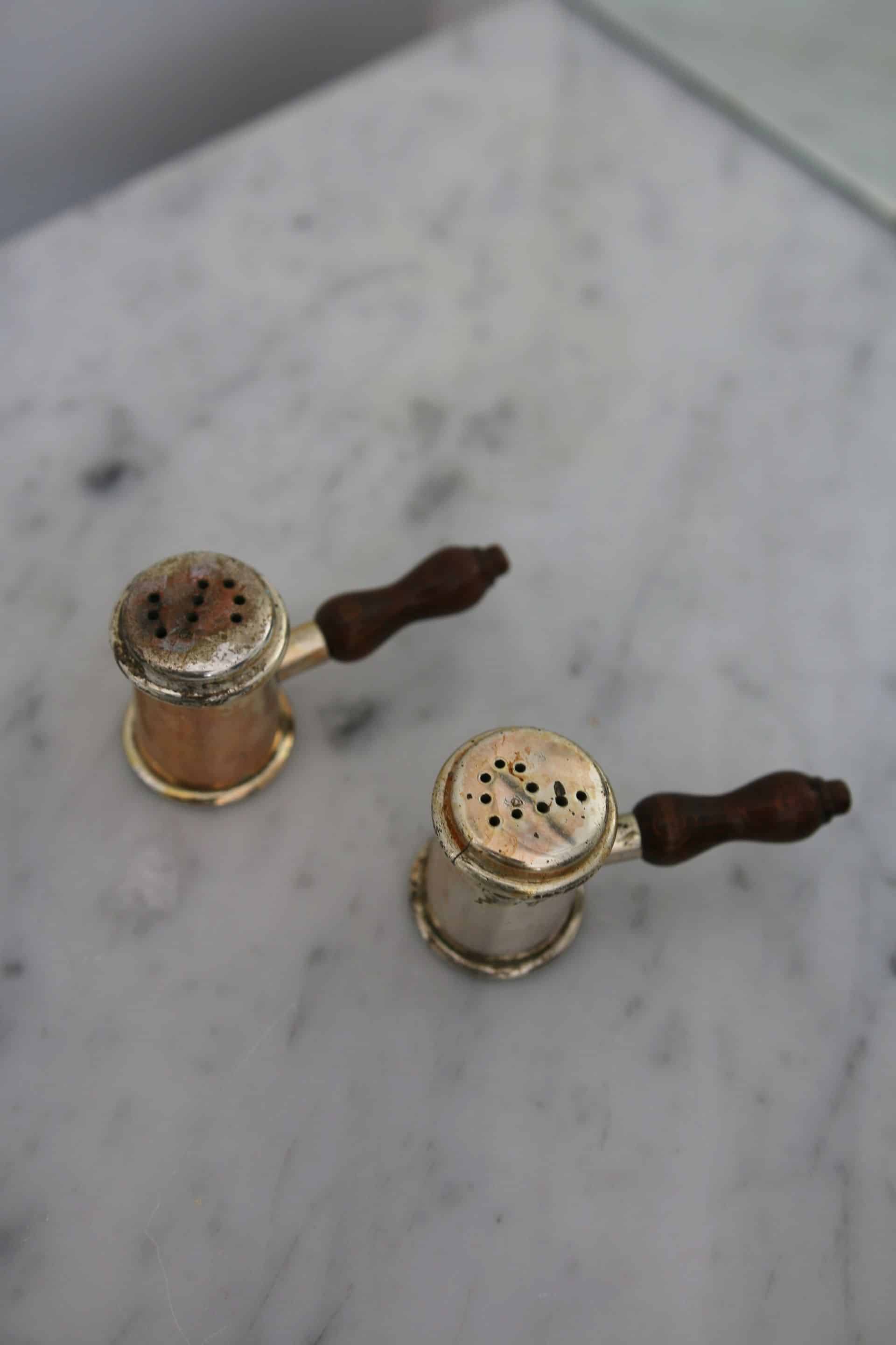 Antique brass salt and pepper shakers, Italy