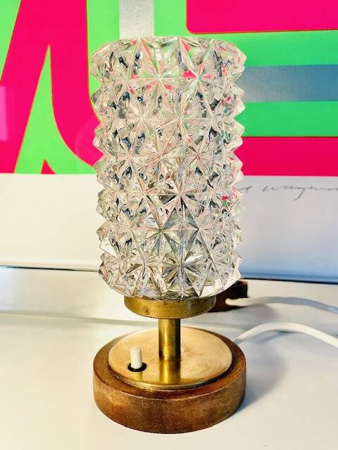 Vintage Mid-Century Scandinavian lamp in wood, brass, and pressed glass with spikes.