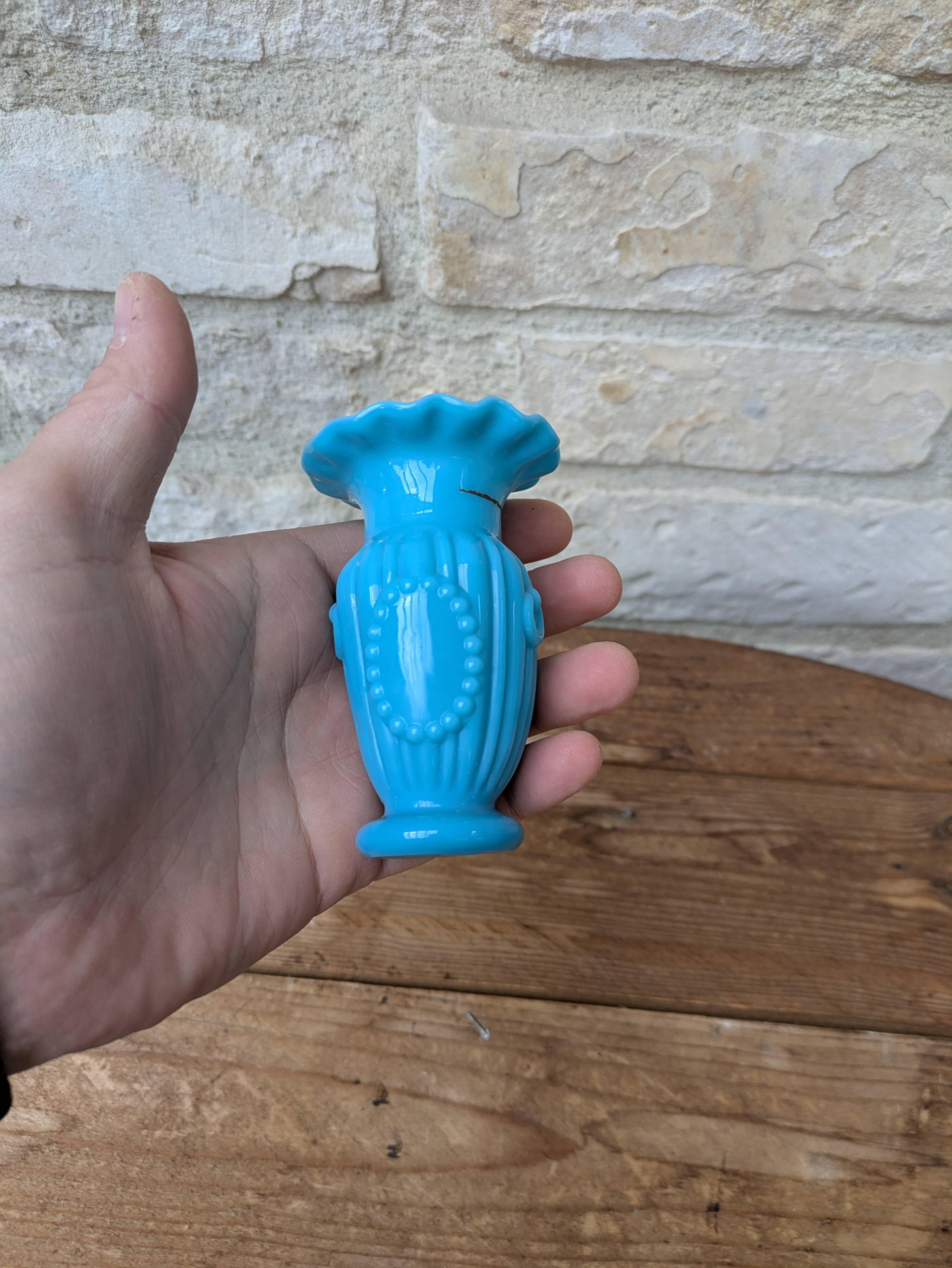 Antique small blue opaline vase with serrated neck and medallion decoration