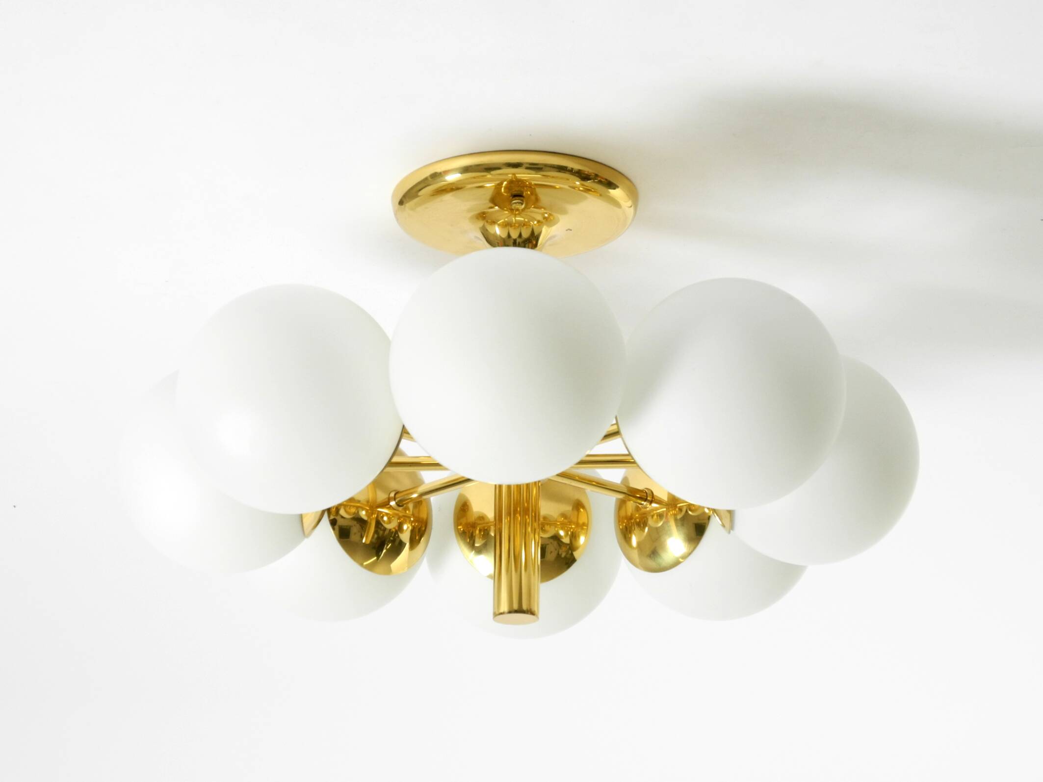 1960s Space Age brass ceiling lamp with 8 glass balls by Kaiser Leuchten