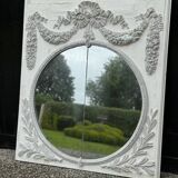 Louis XVI style fireplace mirror, carved wood trumeau with white and grey highlights, 18th century