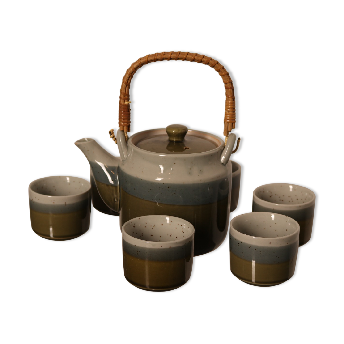 Hand-made ceramic tea set glazed in bleu-green tones, Belgium 1960
