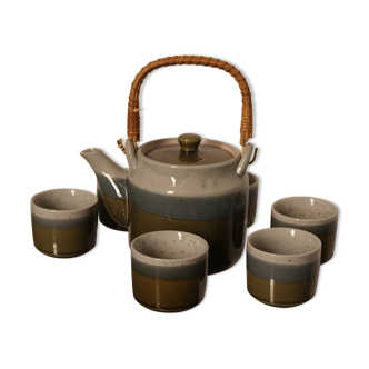 Hand-made ceramic tea set glazed in bleu-green tones, Belgium 1960