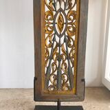 Rectangular Indonesian construction element with blue and yellow plant in carved wood