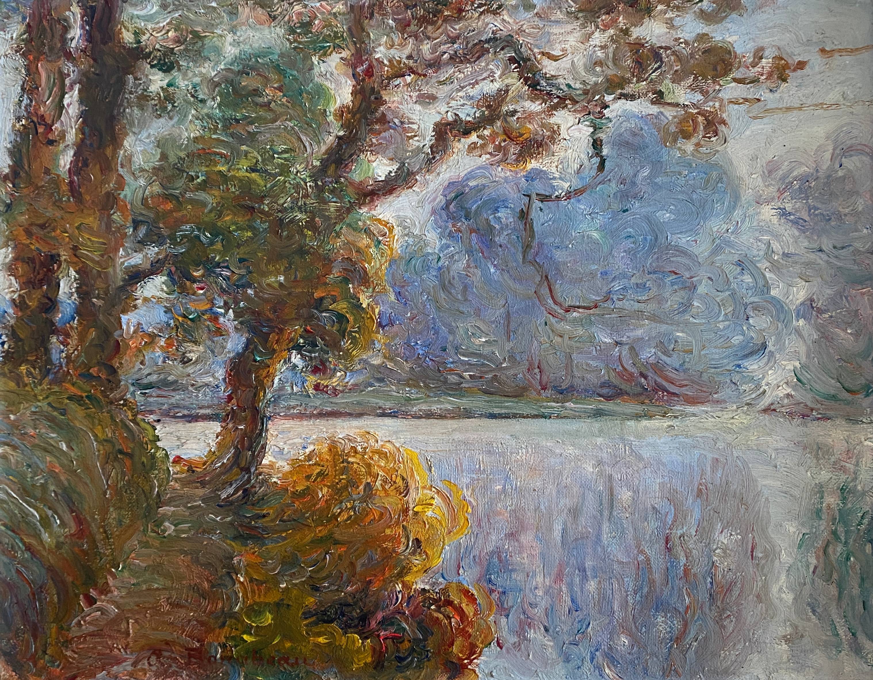 Painting by A. Bonabeau "Wooded riverside" HST, frame circa 1950