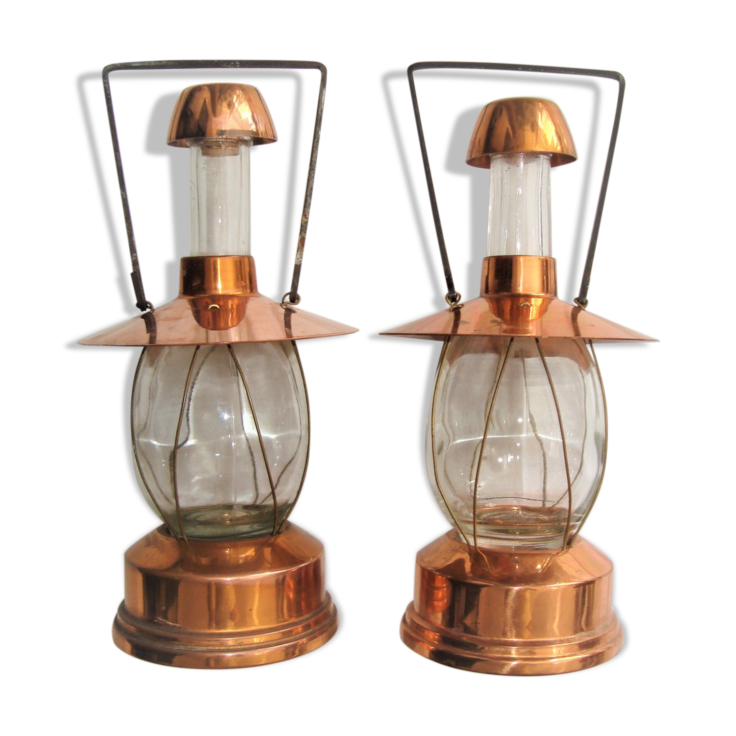 Pair bottles carafes bottles musical lantern vintage copper 60
