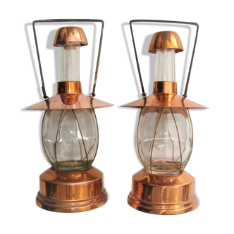 Pair bottles carafes bottles musical lantern vintage copper 60