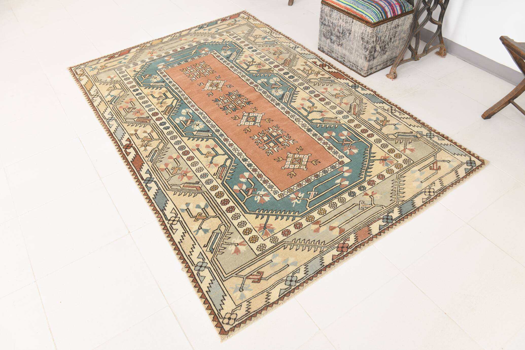 5x8 Shades Of Copper Green Vintage Oushak Rug, 146x227Cm SKU 24356