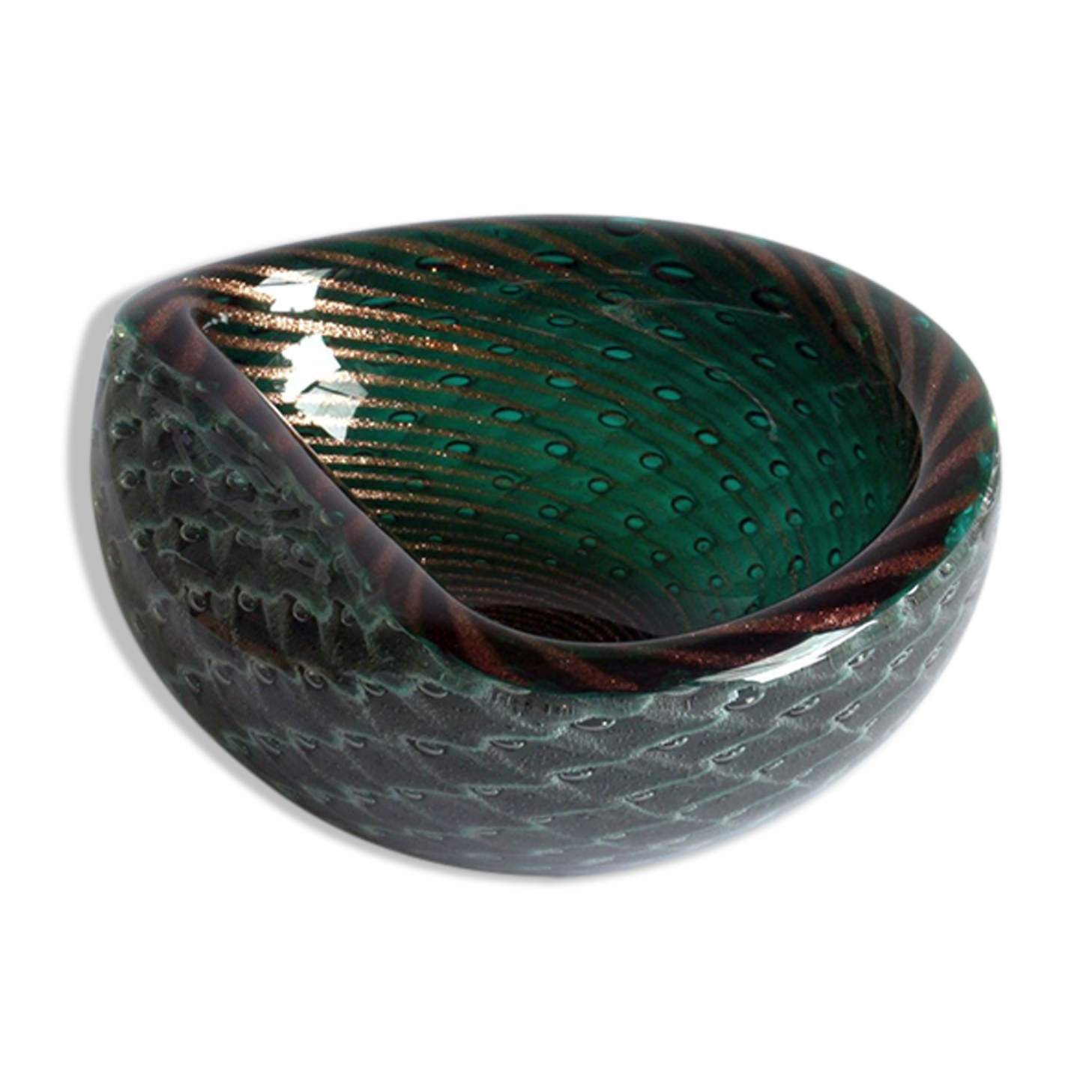 Gold flecked green bullicante and filigrana bowl, Murano 1950.