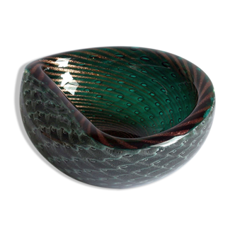 Gold flecked green bullicante and filigrana bowl, Murano 1950.