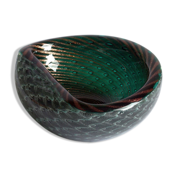 Vide poche bullicante et filigrana vert moucheté d’or, Murano 1950.