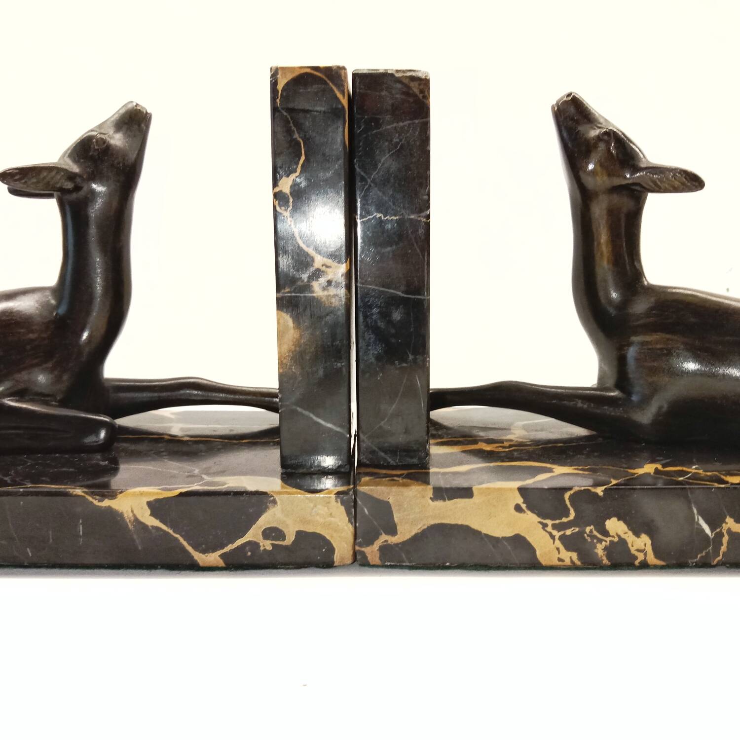Art Deco Bookends of Doe Lying on Portor Marble