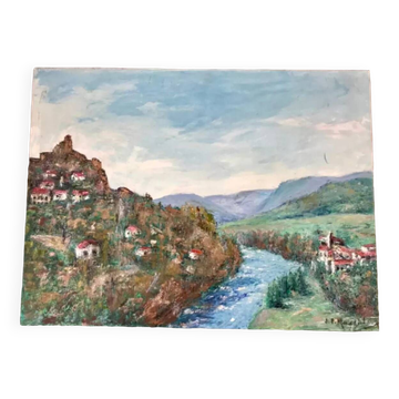 Tableau huile sur toile chateau signé vintage