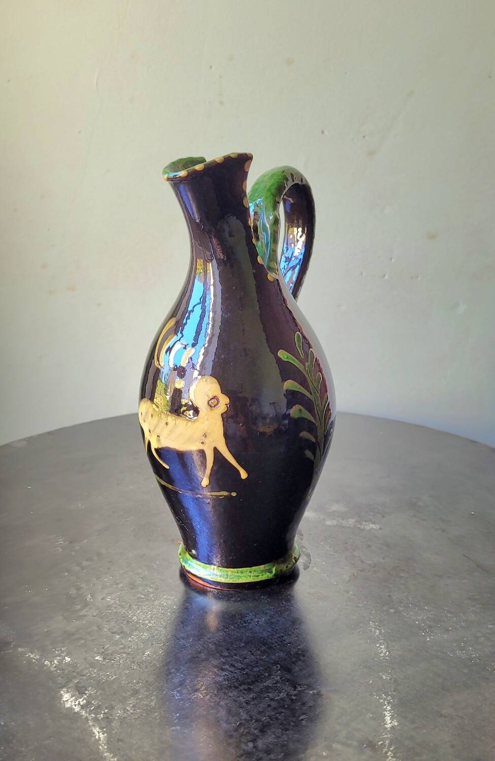 Vintage ceramic vase, terracotta, ethnic chimera, naive art.