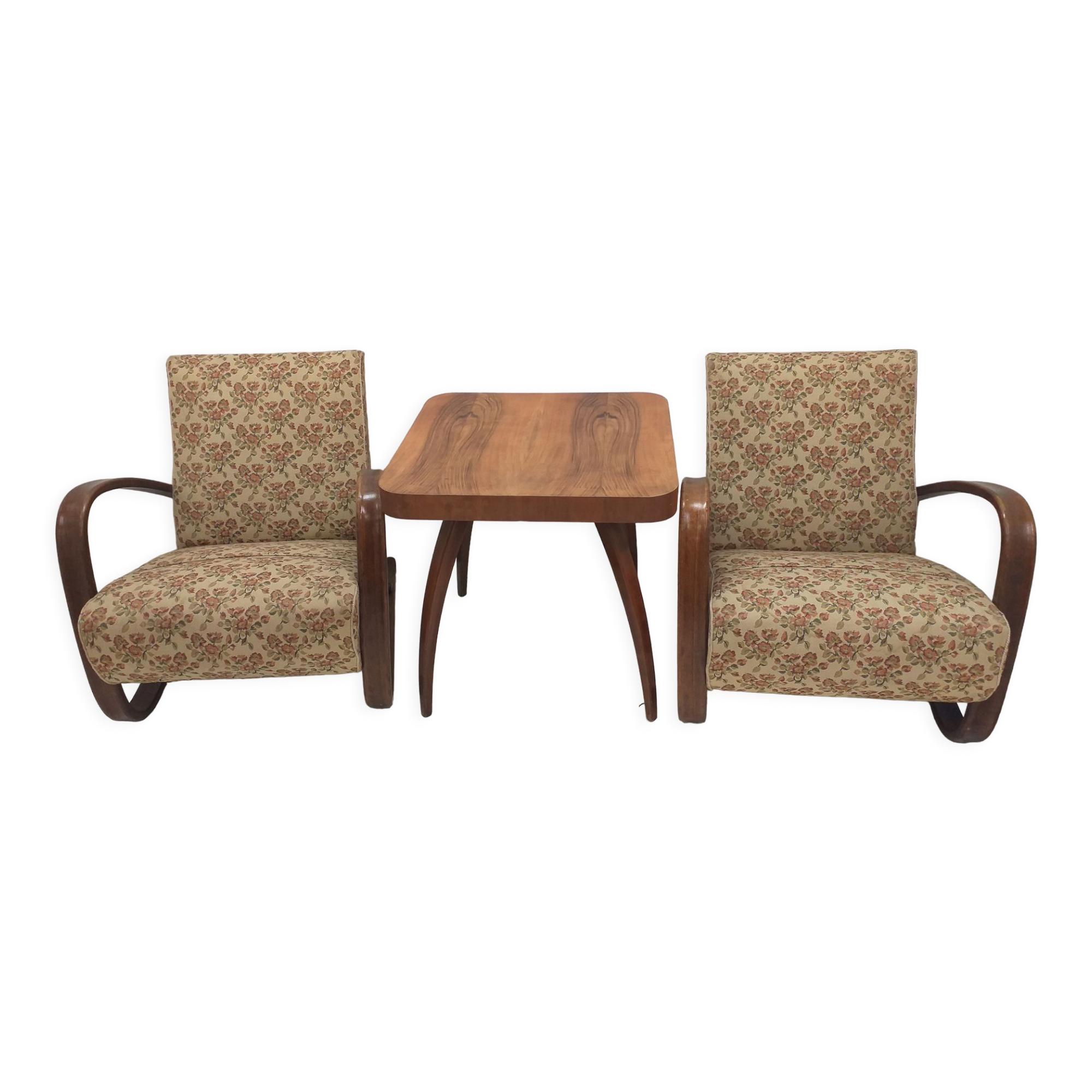 1960 2x Halabala Armchairs H 269 and spider table, Czechoslovakia