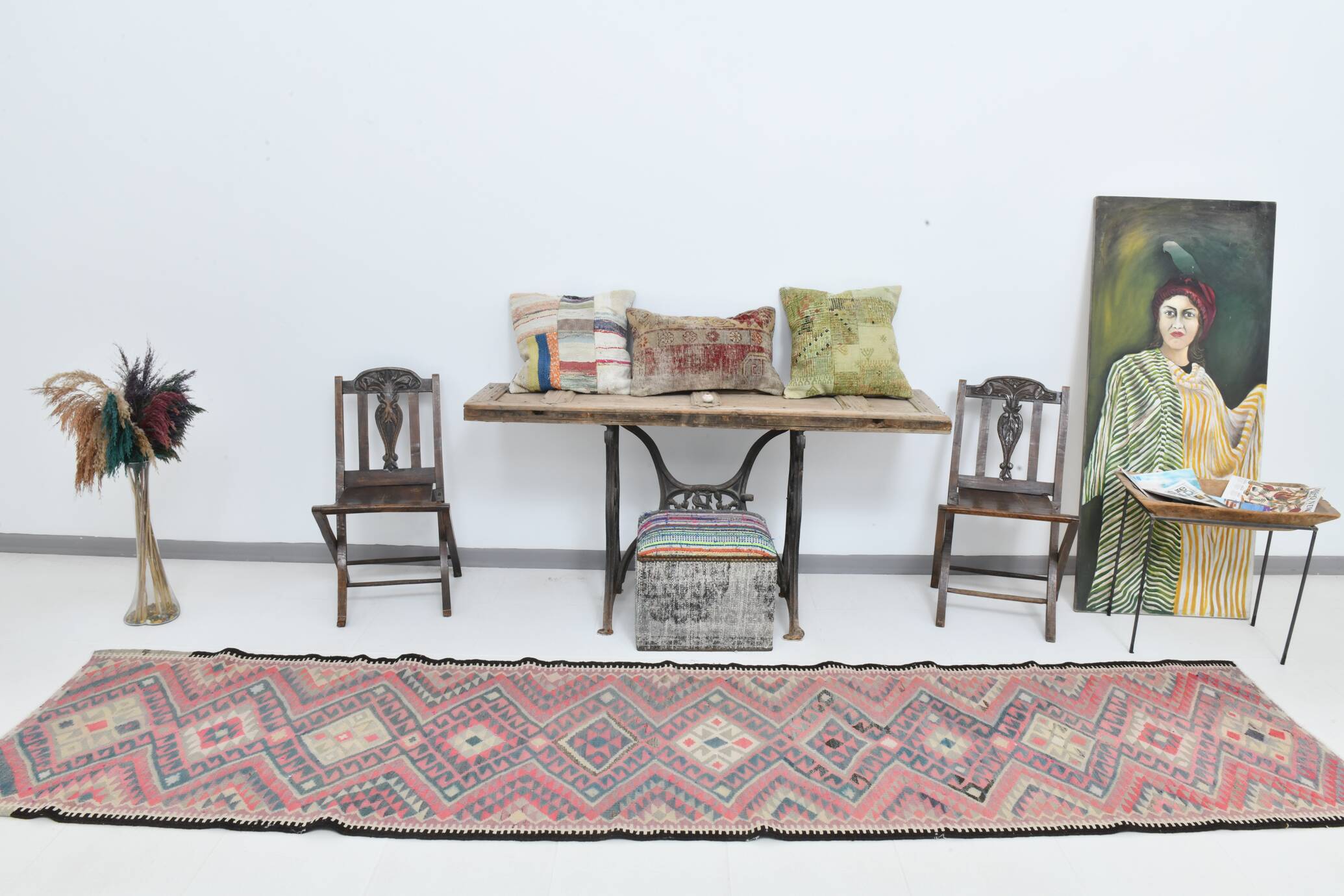 3x12 Soft Wool Pink Oriental Vintage Kilim Runner Rug