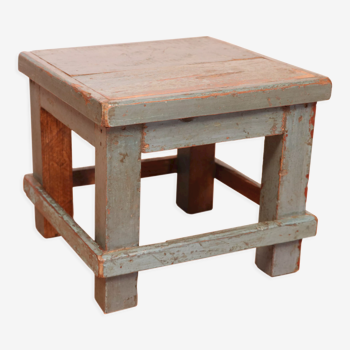 Ancienne table de chevet d'atelier en teck birman patine bleue d'origine