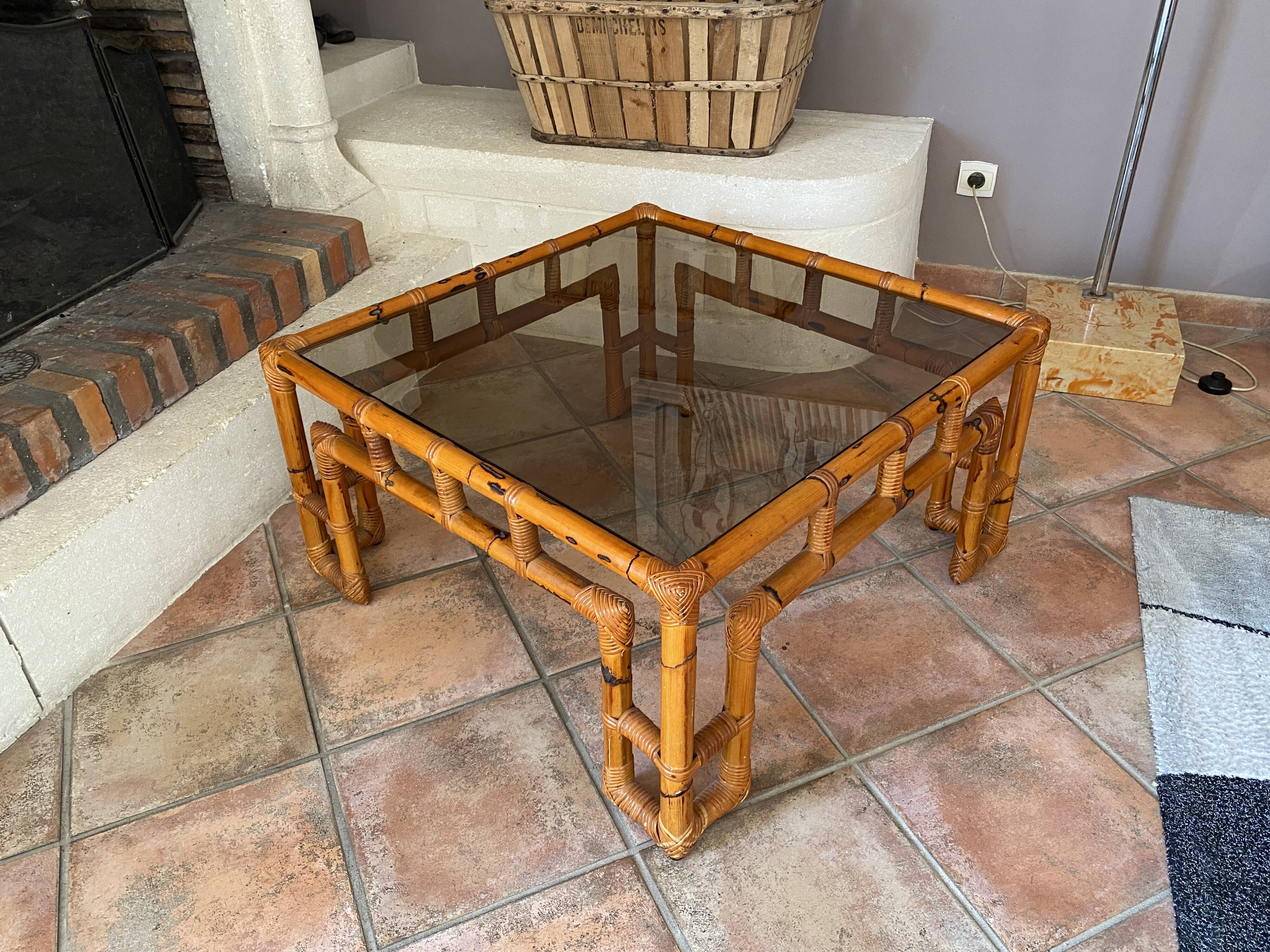 Coffee table Roche Bobois, 1970, rattan and smoked glass