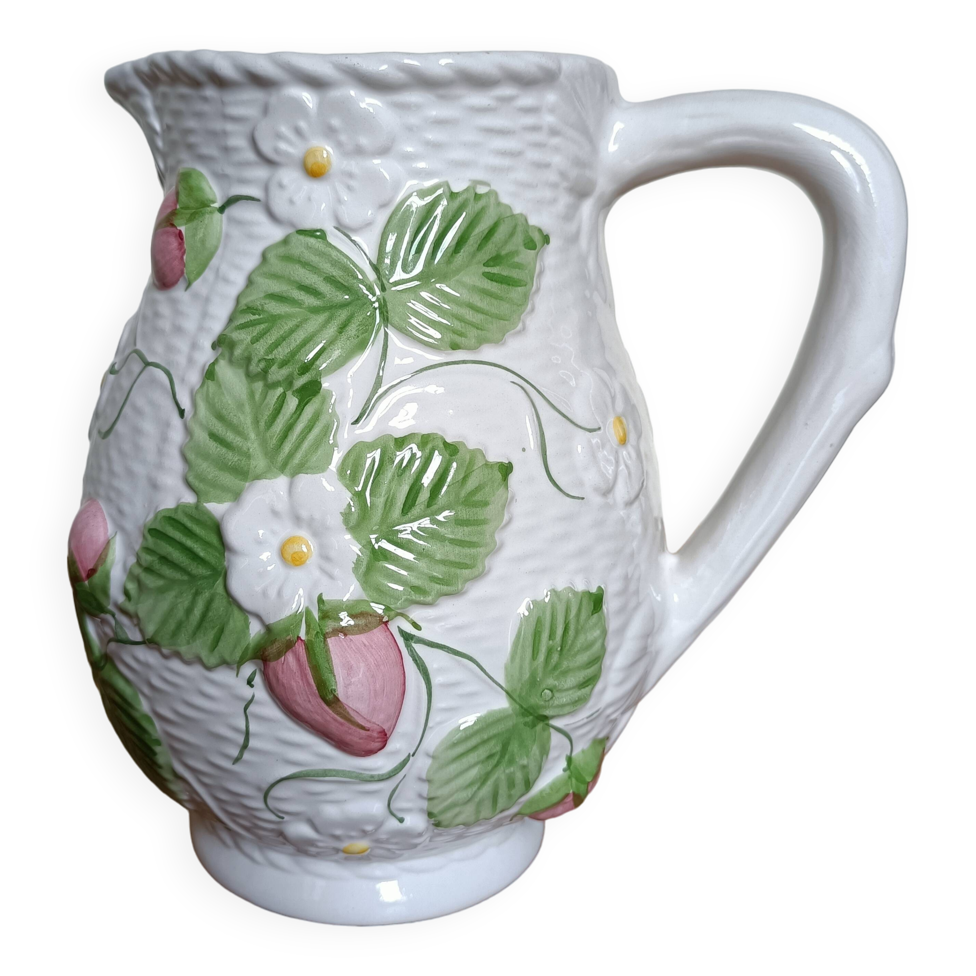 Barbotine pitcher with pastel flower decoration