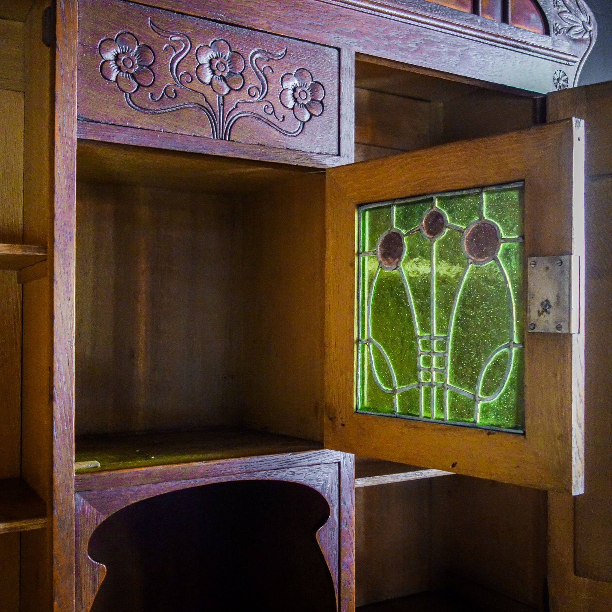 art nouveau cabinet with stained glass window, France circa 1910