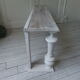 Bench, bed end on pearl grey patinated wheels, powder white, bleached wood seat