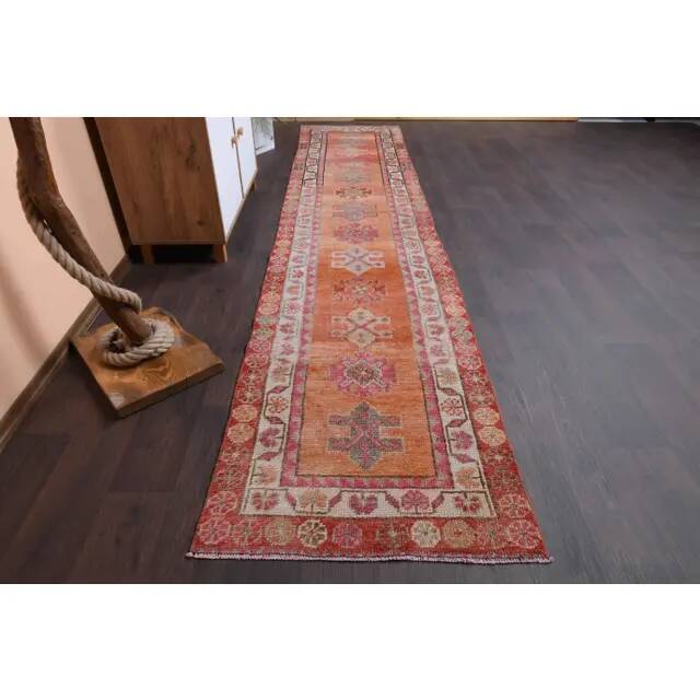 Vintage Turkish Oushak Handmade Wool Cotton Orange Runner Rug 80x372
